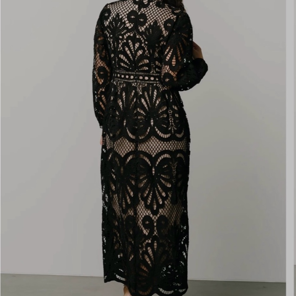 Bohme Black Tan Long Sleeve Mock Neck Cocktail Gown - Picture 4 of 11